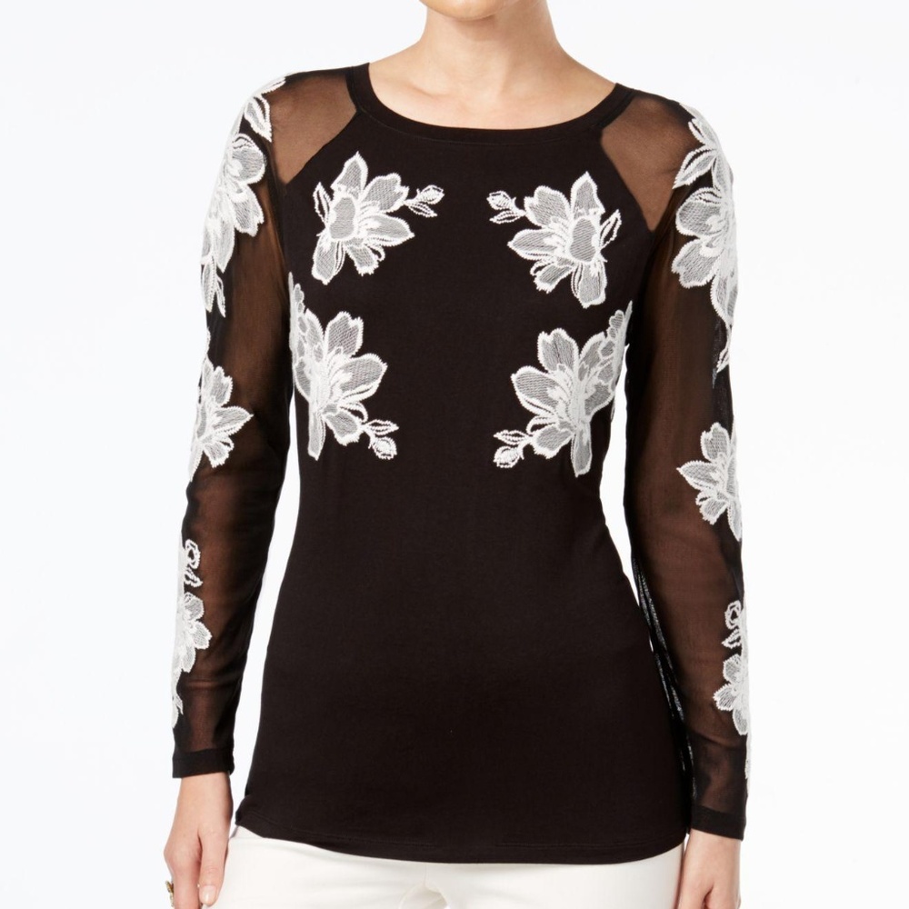 NWT INC Embroidered Illusion Mesh Flower Top S